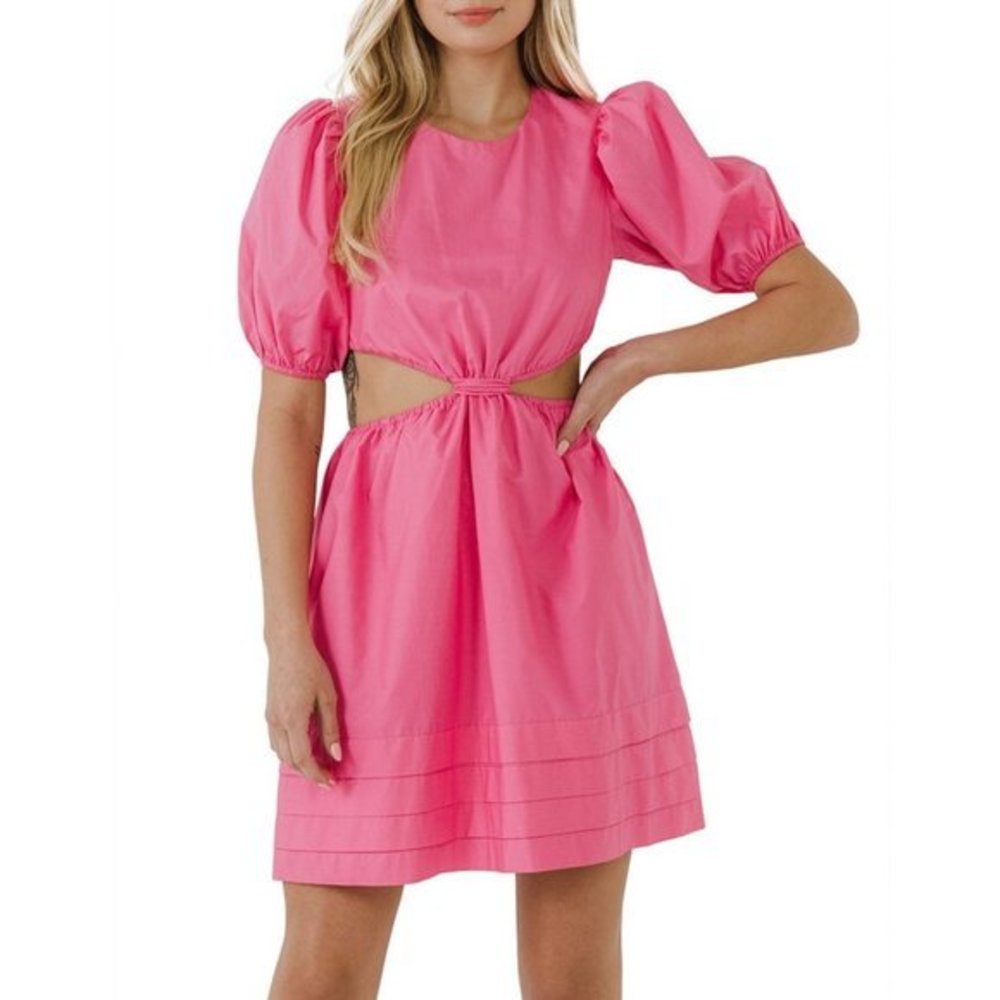 Women's English Factory Puff Sleeves Pleats with Cut Out Mini Pink Dress Sz SM